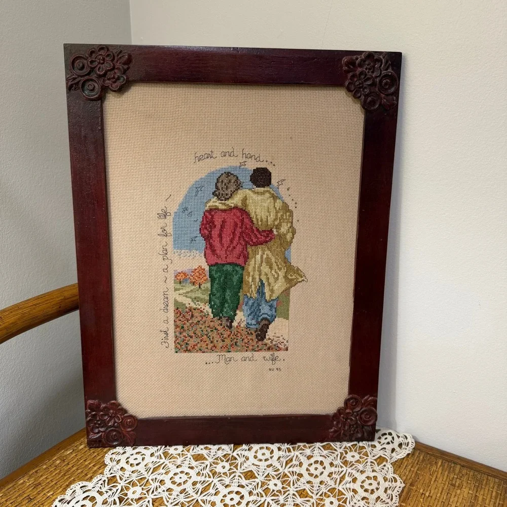 Vintage 1995 Framed Cross Stitch Wedding Sampler Heart & Hand Ornate Frame